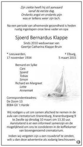 Rouwadvertentie Sjoerd Klappe